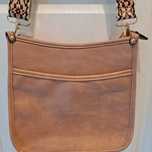 Chic Pink Tan Vegan Crossbody Bag with Guitar Style Patterned Strap Satchel Bag